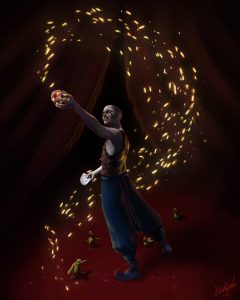 Digital painting of a bald man with claw marks across his face holding a skull and playing cards, surrounded by illusionary sparkles. Ducklings follow him