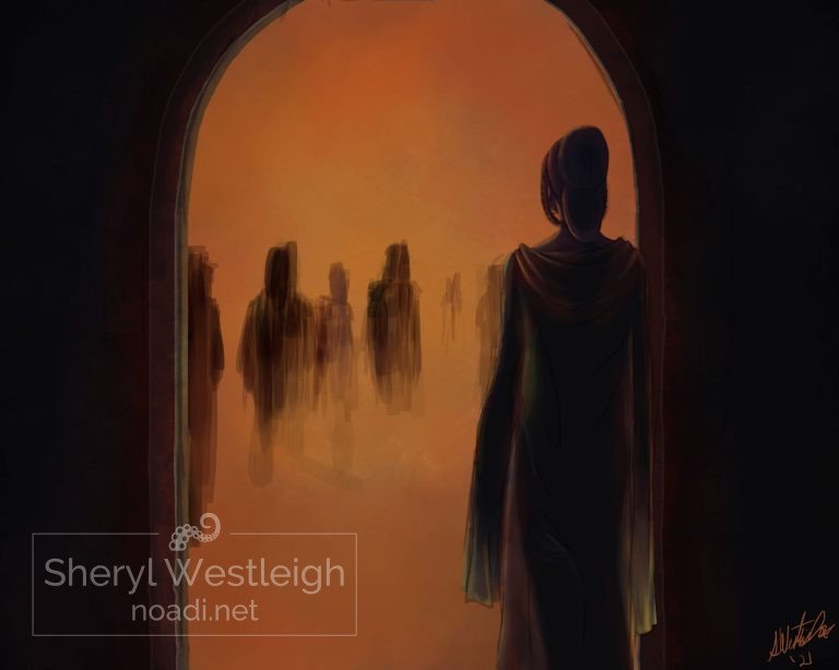 Digital painting of a woman in ancient Grecian dress stands in silhuoette in an archway looking in at others engaged in a ritual