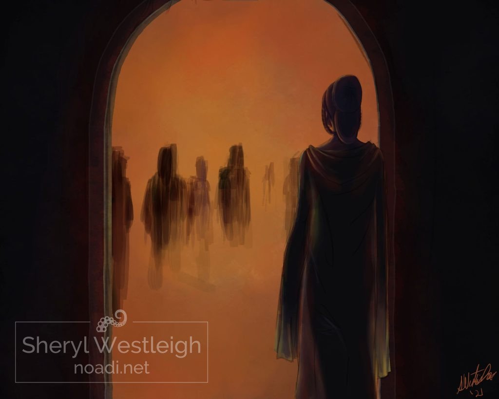 Digital painting of a woman in ancient Grecian dress stands in silhuoette in an archway looking in at others engaged in a ritual