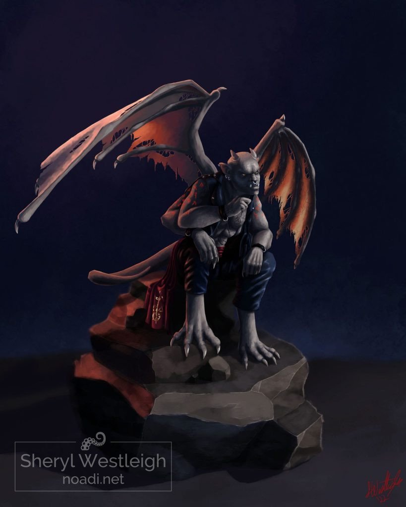 A gargoyle sitting on a rock looking thoughful.