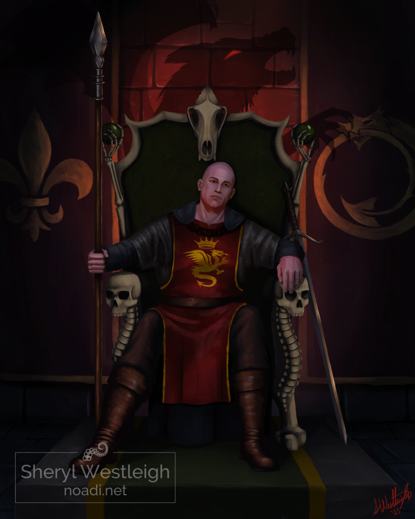A pale bald man in medieval garb holding a spear while sitting on a throne made of bone. Behind him is the shadow of a snarling winged beast.